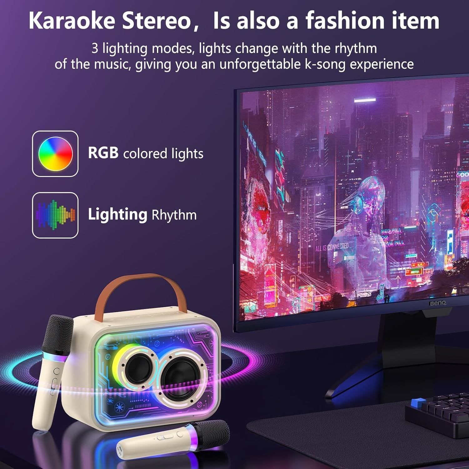 Karaoke Machine 2 Wireless Mic Bluetooth LED Party Speaker