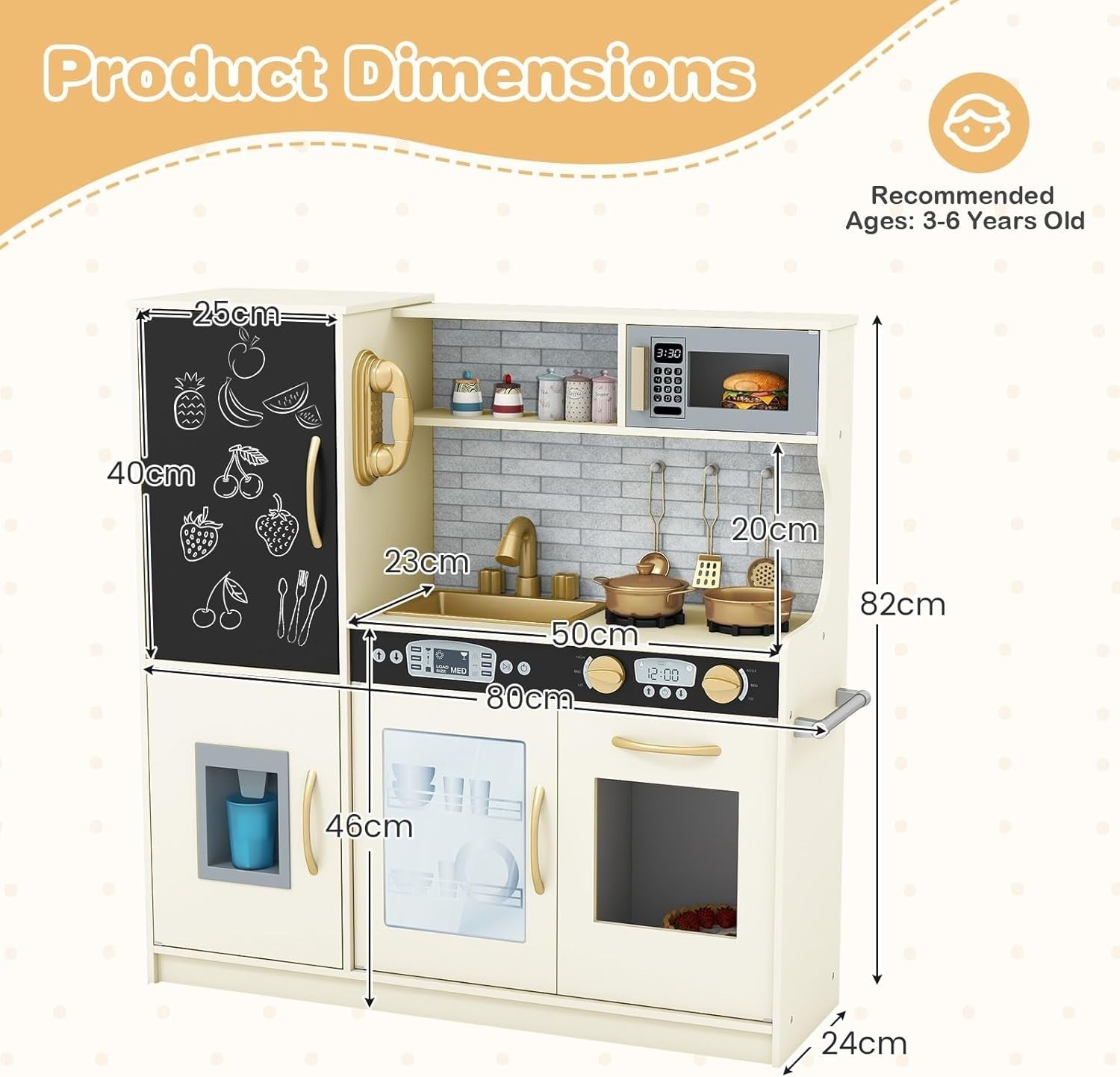 Wooden Kids Play Kitchen Beige w/ Chalkboard Ice Maker Microwave
