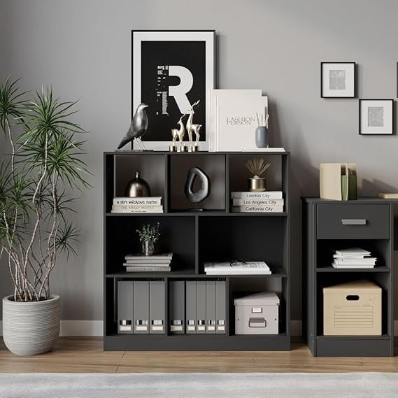 Modern Black 8-Cube Asymmetrical Bookcase – Freestanding Storage Display Unit