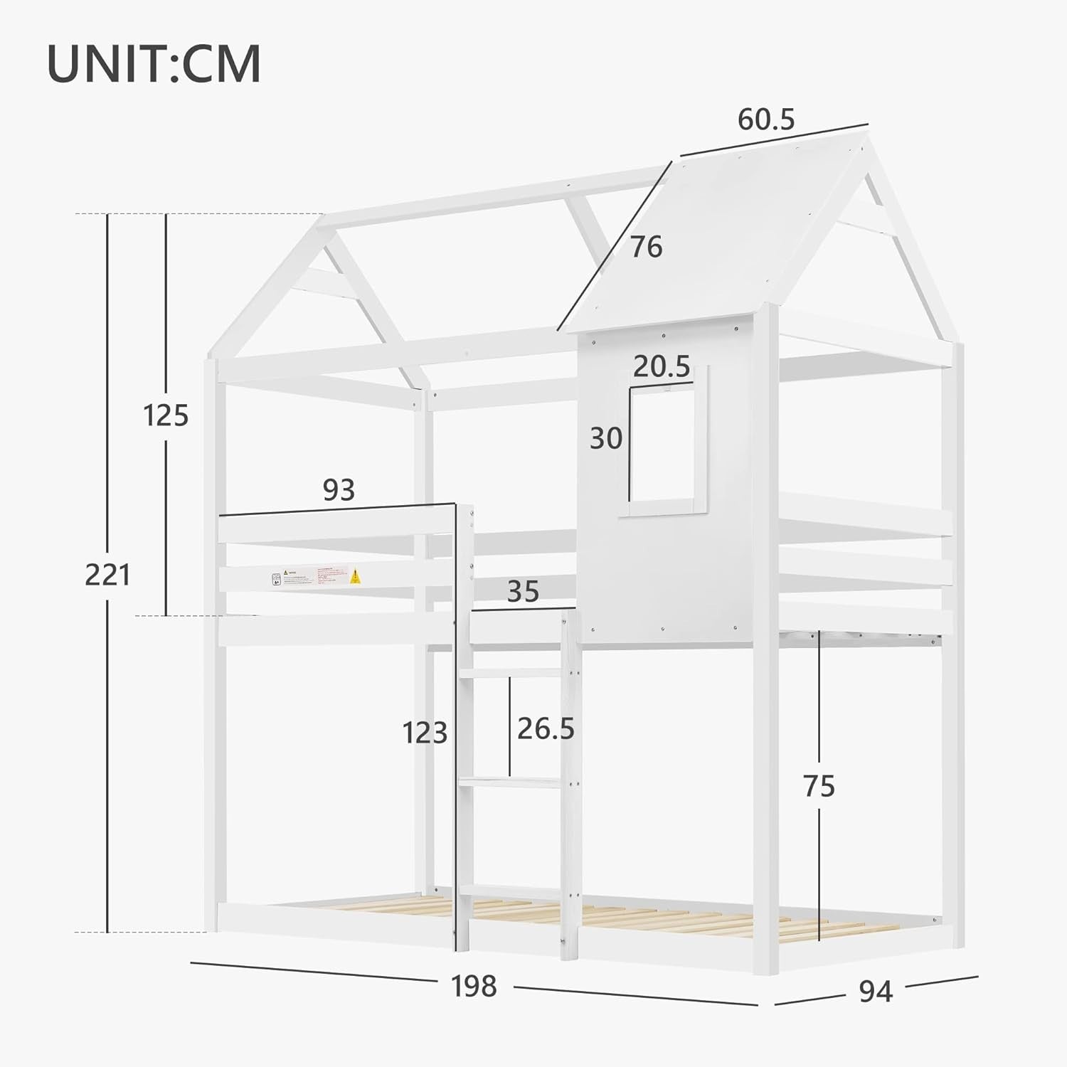 3FT Kids Cabin Bunk Bed with Safety Rails & Convertible Ladder, 198x94x221cm