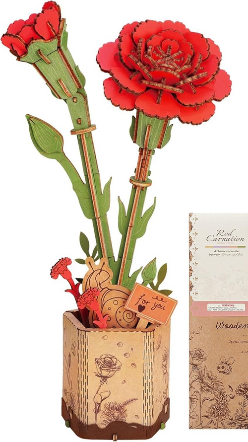 3D Wooden Flower Puzzle Kit for Adults – Red Carnation Gift Decor