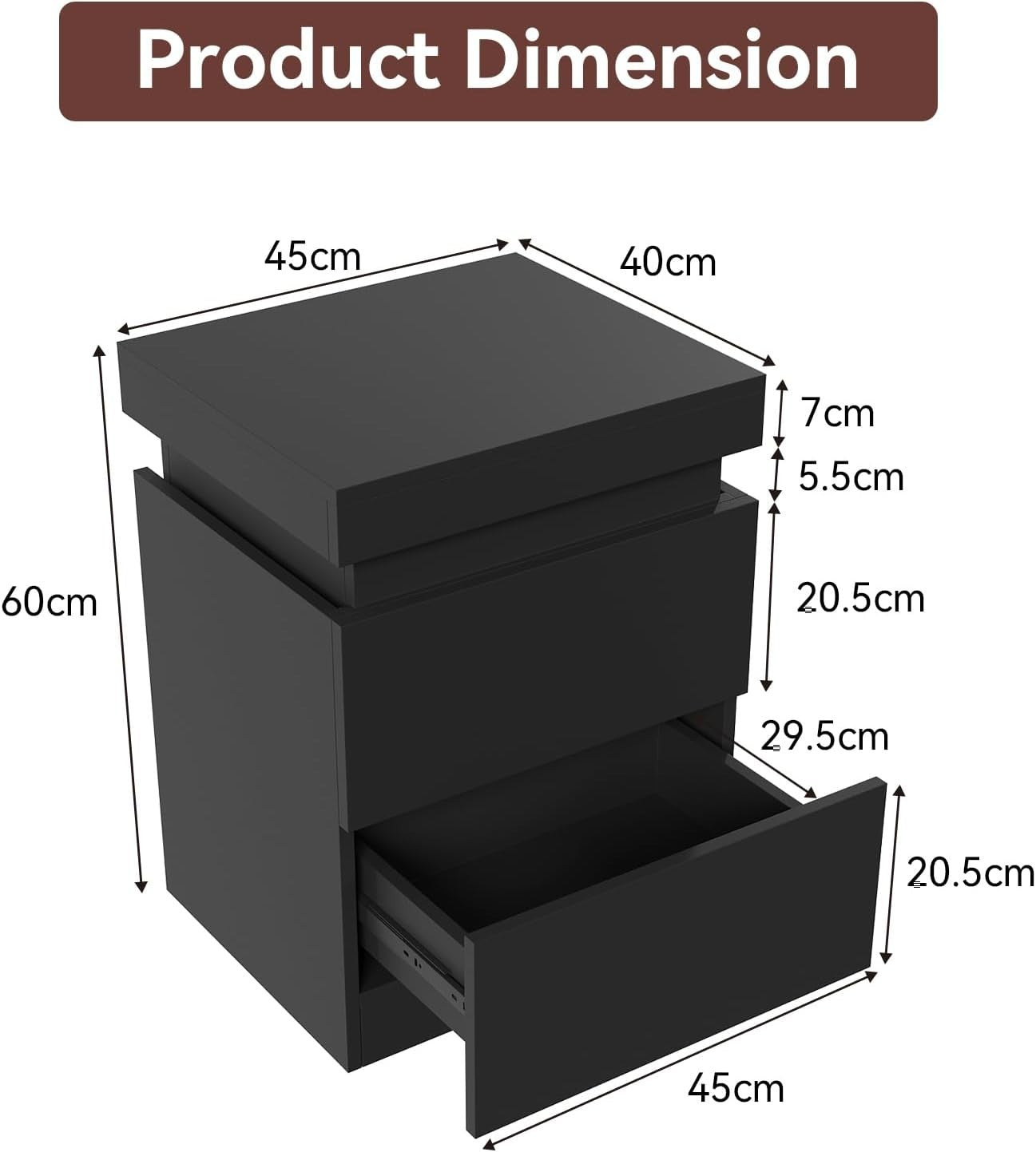 Modern LED Bedside Table with 2 Drawers & USB Charging