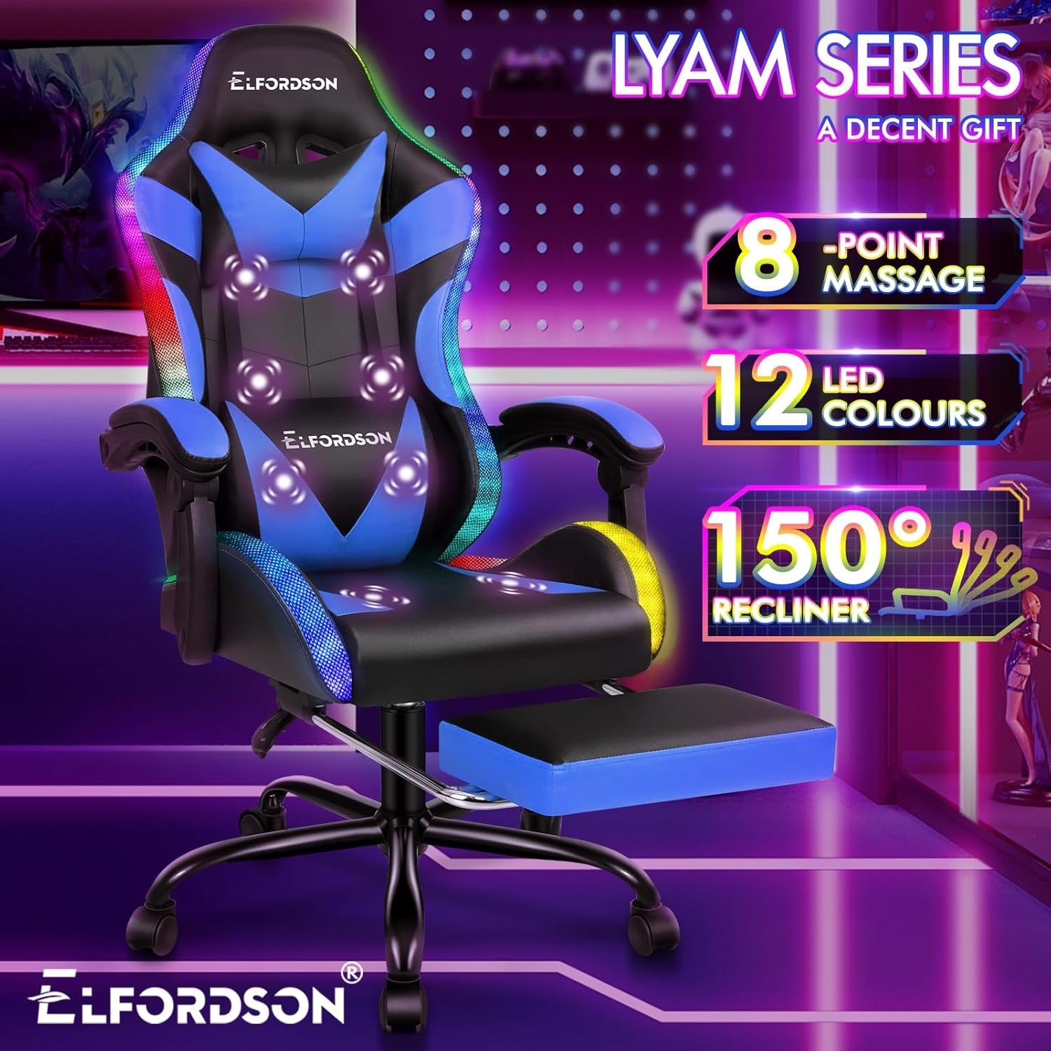 LED Gaming Chair Blue RGB Massage Recliner w/ Footrest 150° Swivel