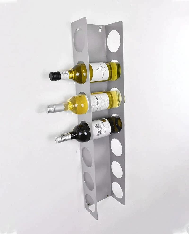 Wall Mounted Vertical Wine Rack 7 Bottle Holder Space Saving Modern Grey Steel