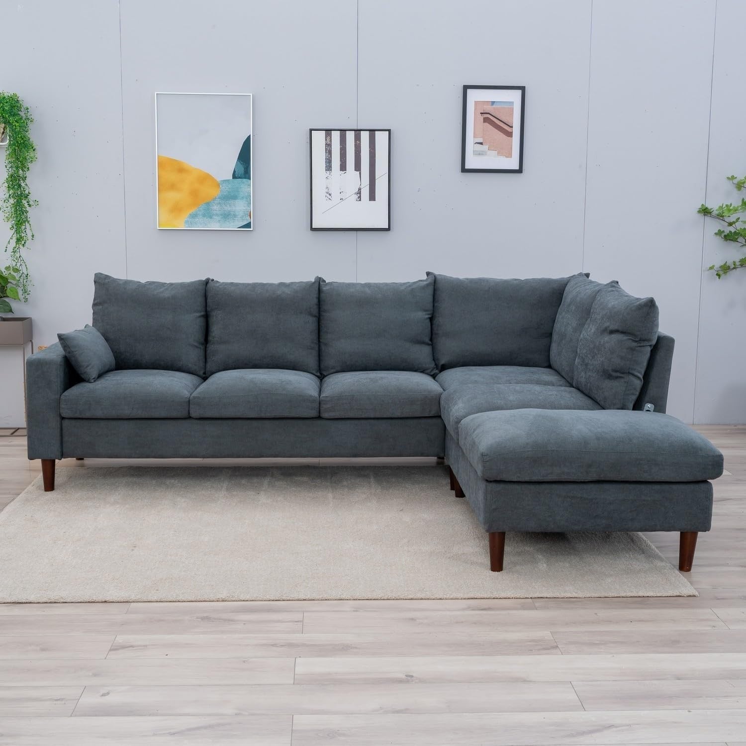 6 Seater Corner Sofa with Chaise Grey Linen L Shape USB Charging Modern Couch