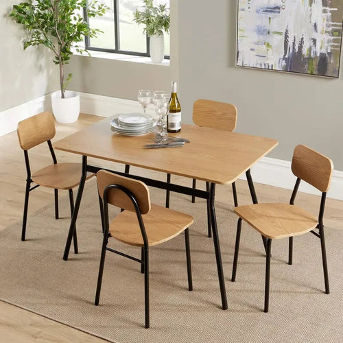 5 Piece Dining Table Set Oak MDF Top & Black Metal Frame with 4 Chairs