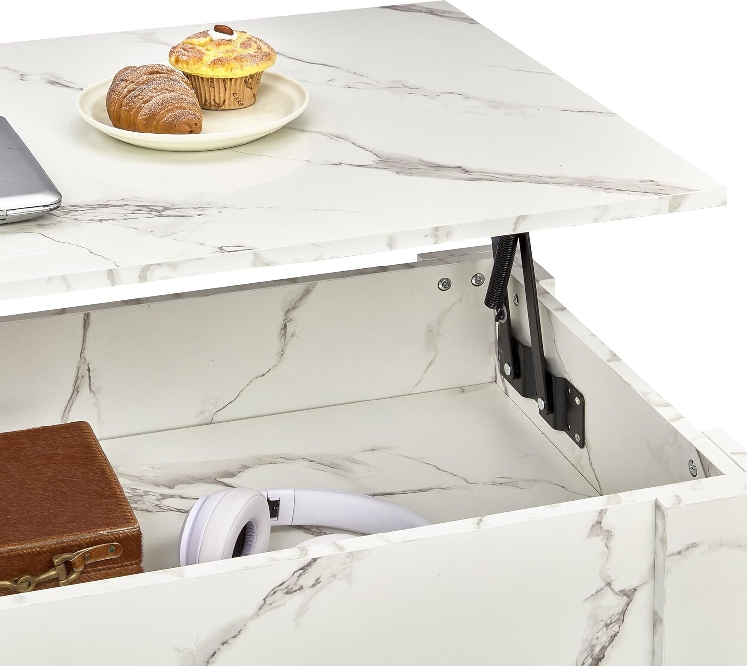 High Gloss Lift Top Coffee Table with Storage White Marble 120x60 Modern