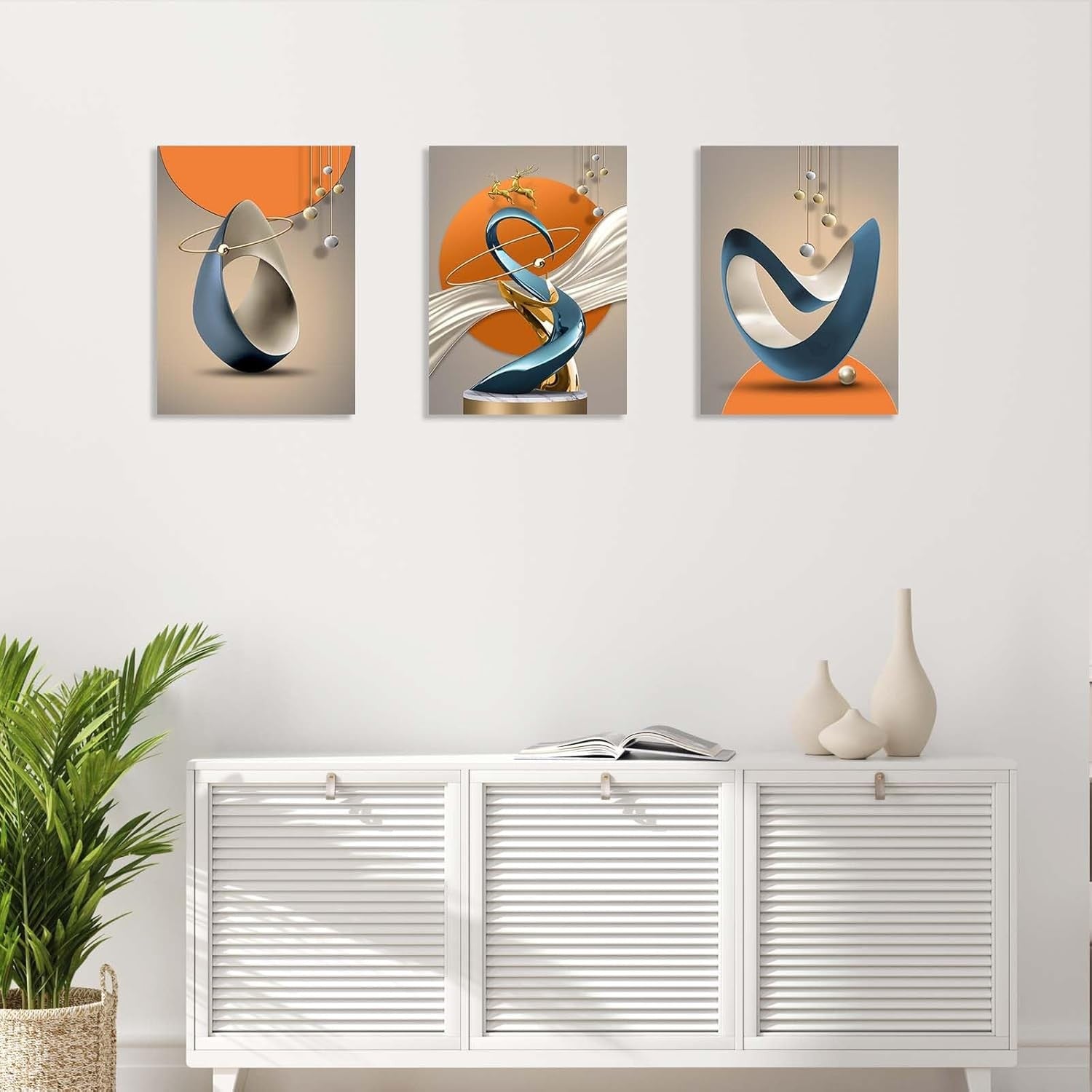 3-Piece Abstract Canvas Wall Art Blue Gold Orange Modern Decor
