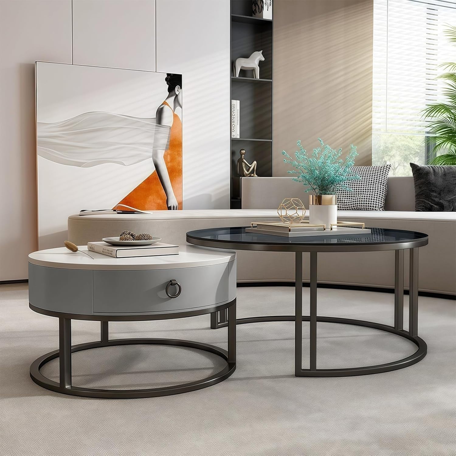 Luxury 2-in-1 Nesting Coffee Table Set with Drawer, Marble & Glass Top, Space
