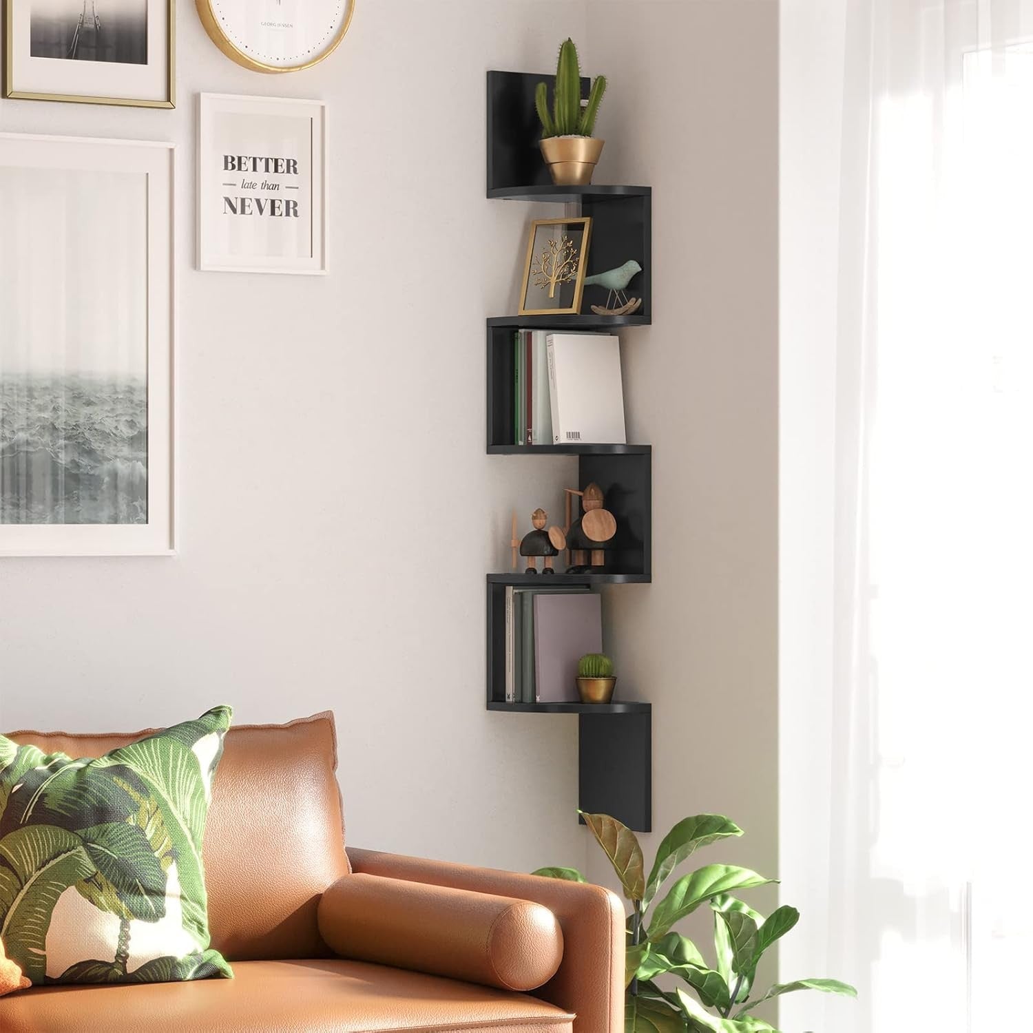 5-Tier Black Floating Corner Shelf Modern Wall-Mount Display for Home & Office