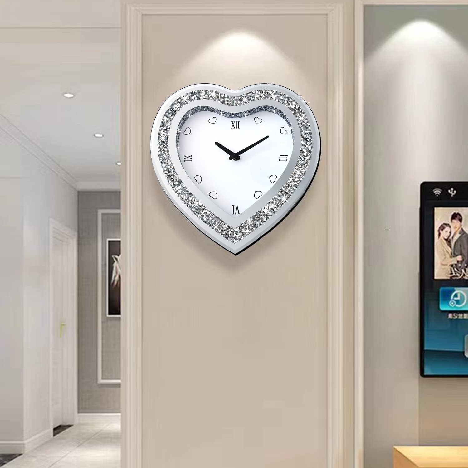 Heart-Shaped Mirror Wall Clock Diamond Border Silent Non-Ticking 12 Inch