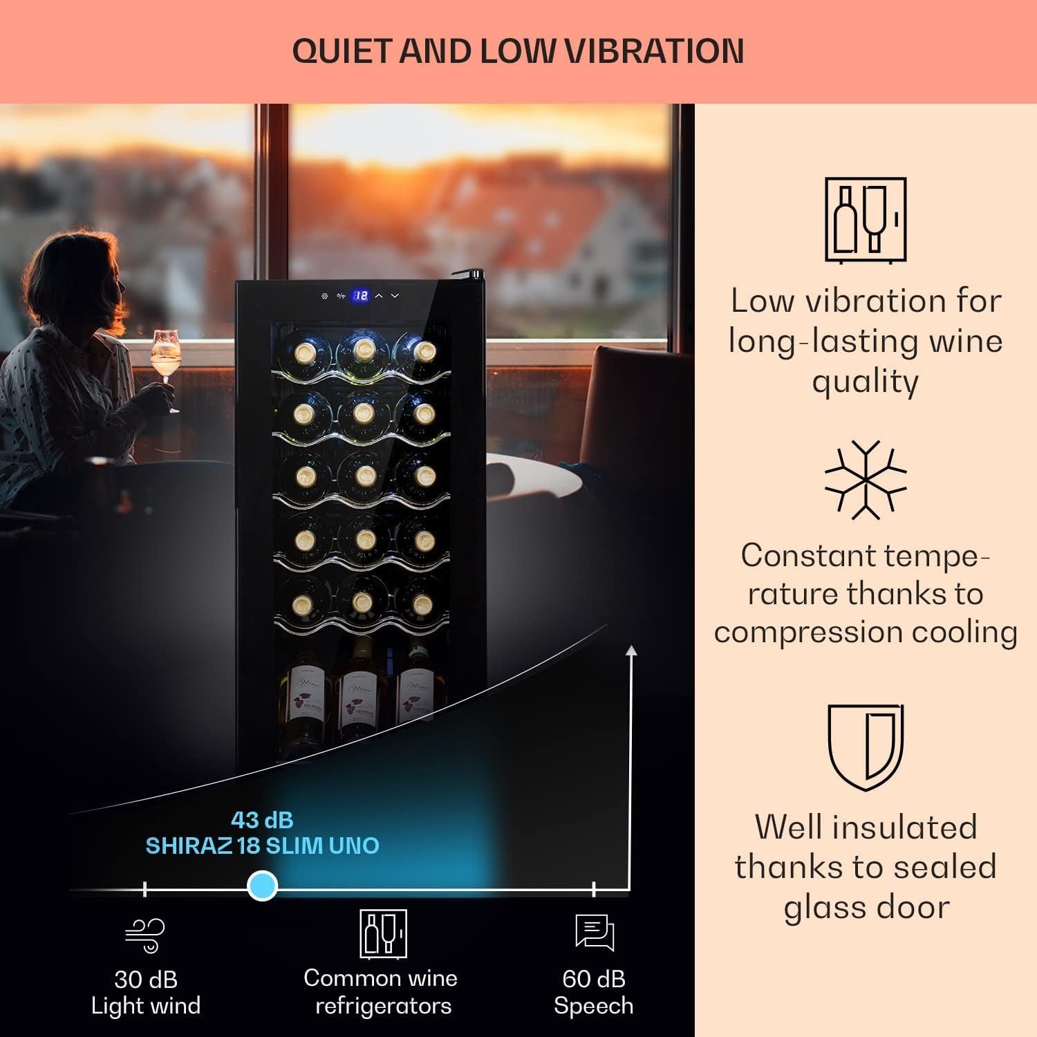Wine Cooler Fridge 18 Bottle Glass Door Single Zone Slim Freestanding Black