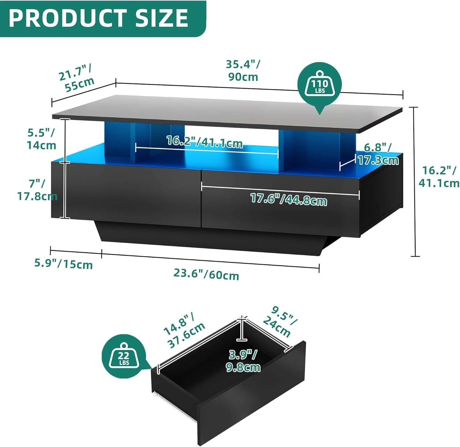 Black LED Coffee Table with Storage Drawers Gloss Finish | 16-Color Lights