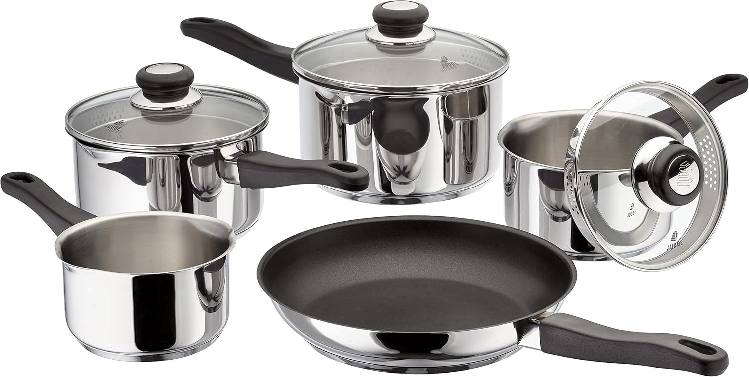 5Pcs Stainless Steel Cookware Set Saucepan, Non Stick Frying Pan with Lids