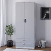Grey Wooden Wardrobe 2 Door 2 Drawer Tall Storage Unit for Bedroom Clothes