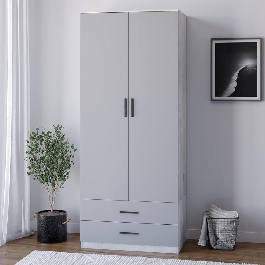 Grey Wooden Wardrobe 2 Door 2 Drawer Tall Storage Unit for Bedroom Clothes