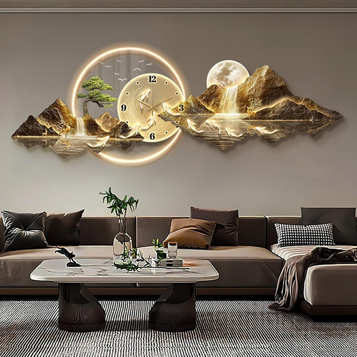 Luxury LED Mountain Wall Art Clock 3D Gold Landscape Decor Large 60x180cm