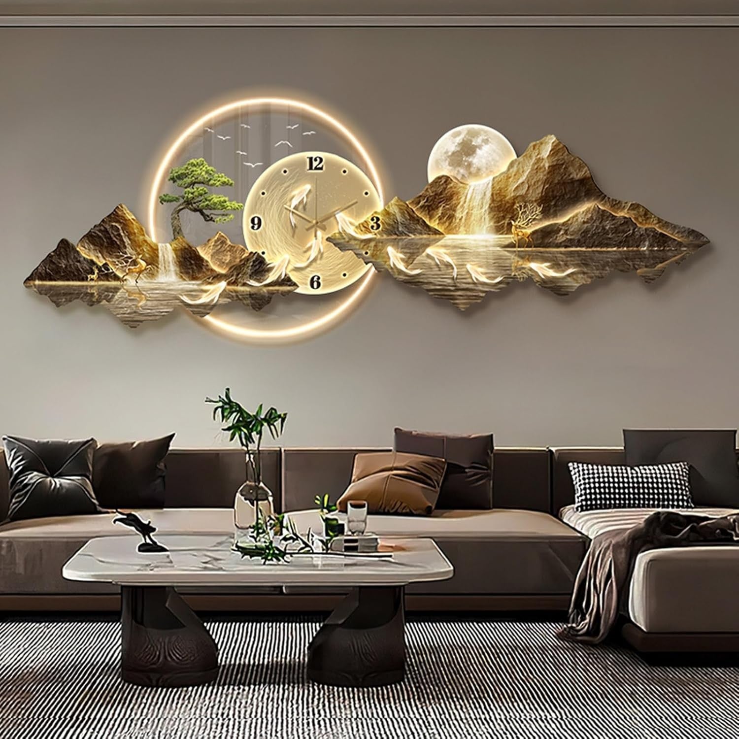 Luxury LED Mountain Wall Art Clock 3D Gold Landscape Decor Large 60x180cm