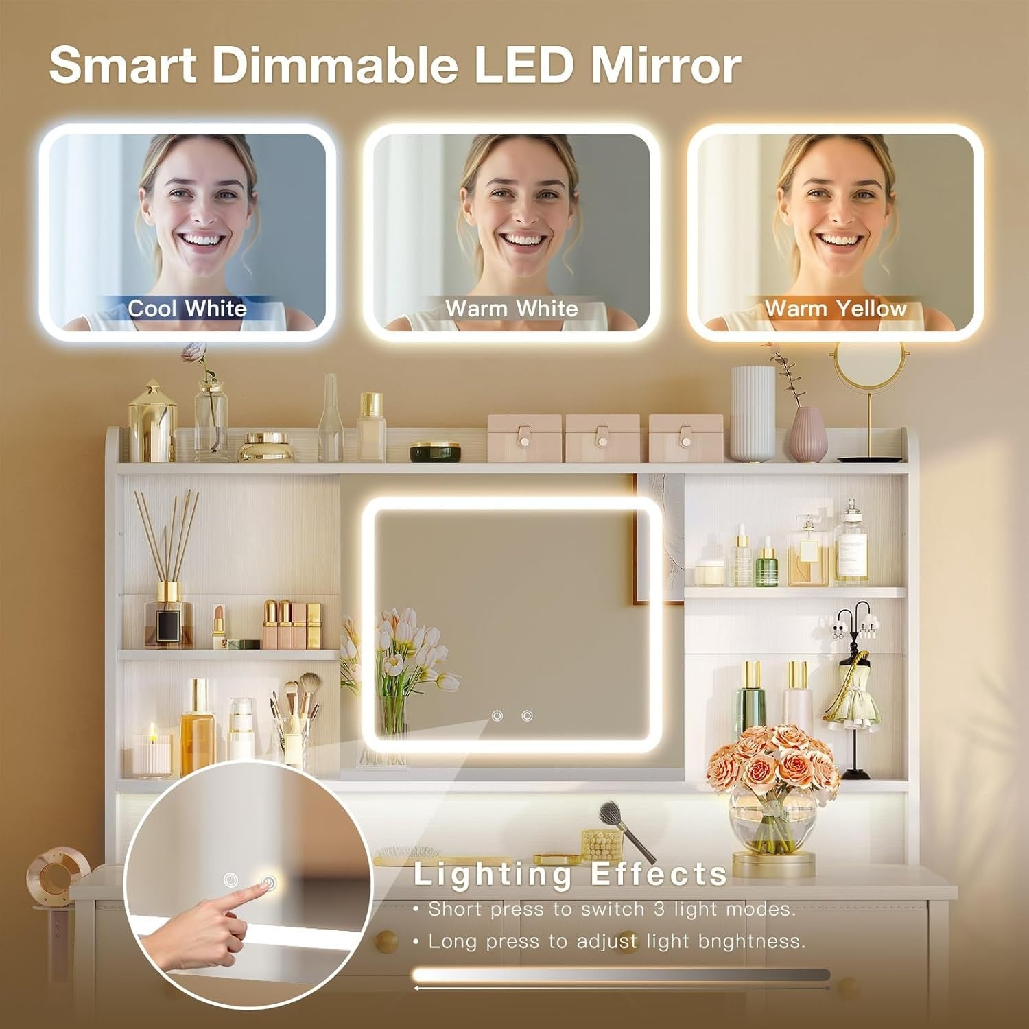 Modern Dressing Table w/ LED Mirror Power Outlet 8 Drawers & Chair White