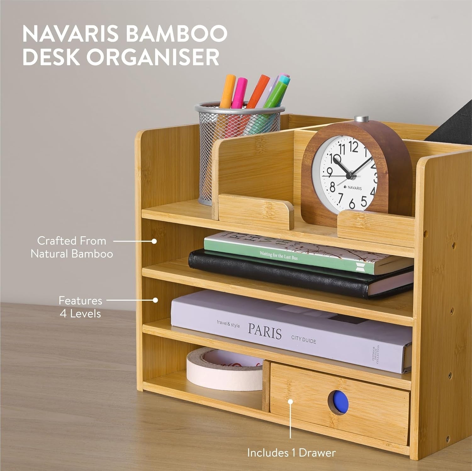 Bamboo Desk Organiser with Drawers & Compartments for Office & Stationery