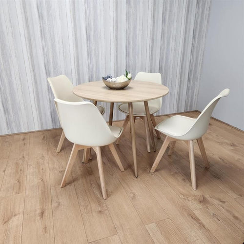 Round Wooden Dining Table Set with 4 White Chairs for Kitchen or Home