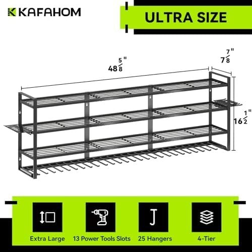 Wall Mounted Power Tool Rack 4-Tier 13 Drill Holder Black