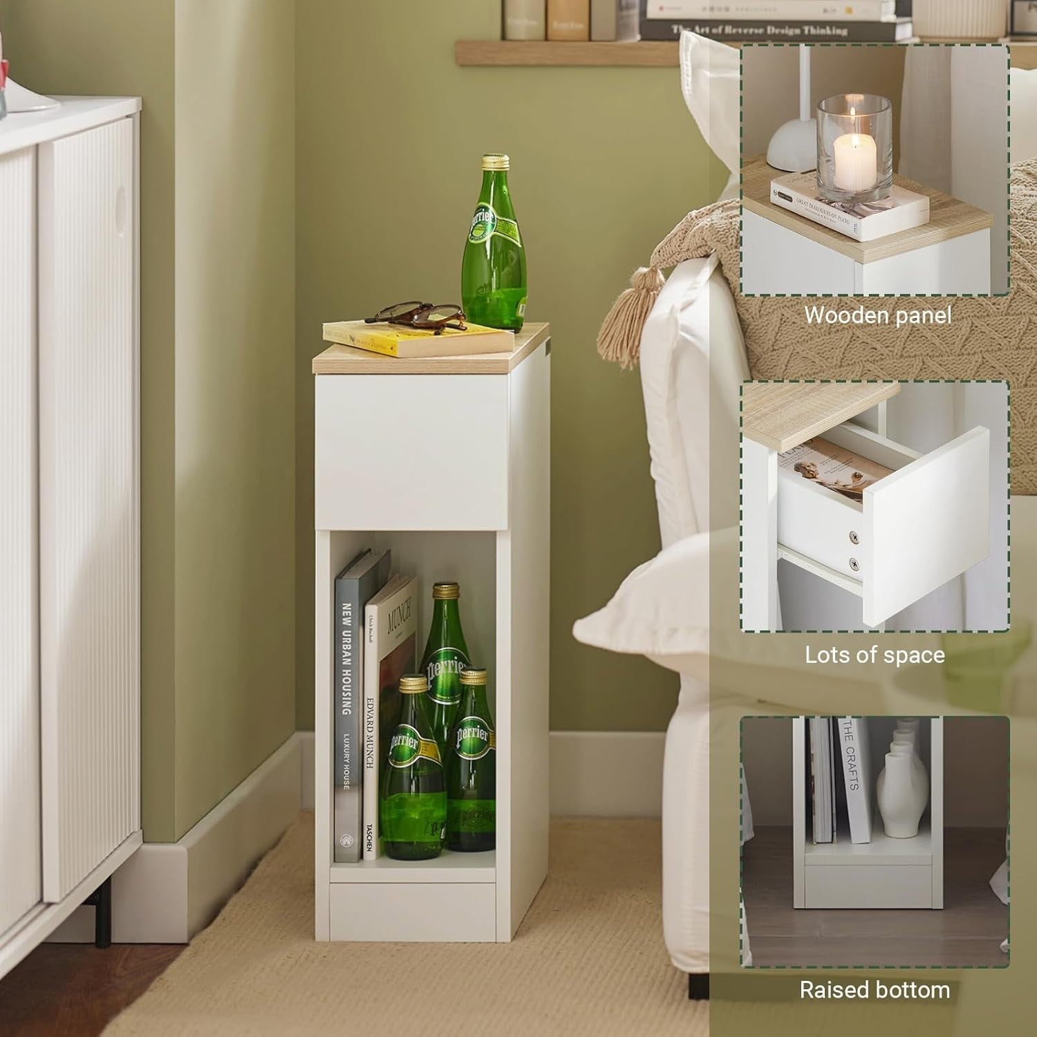 Set of 2 Slim White Bedside Tables with Drawer & Shelf | Narrow Modern