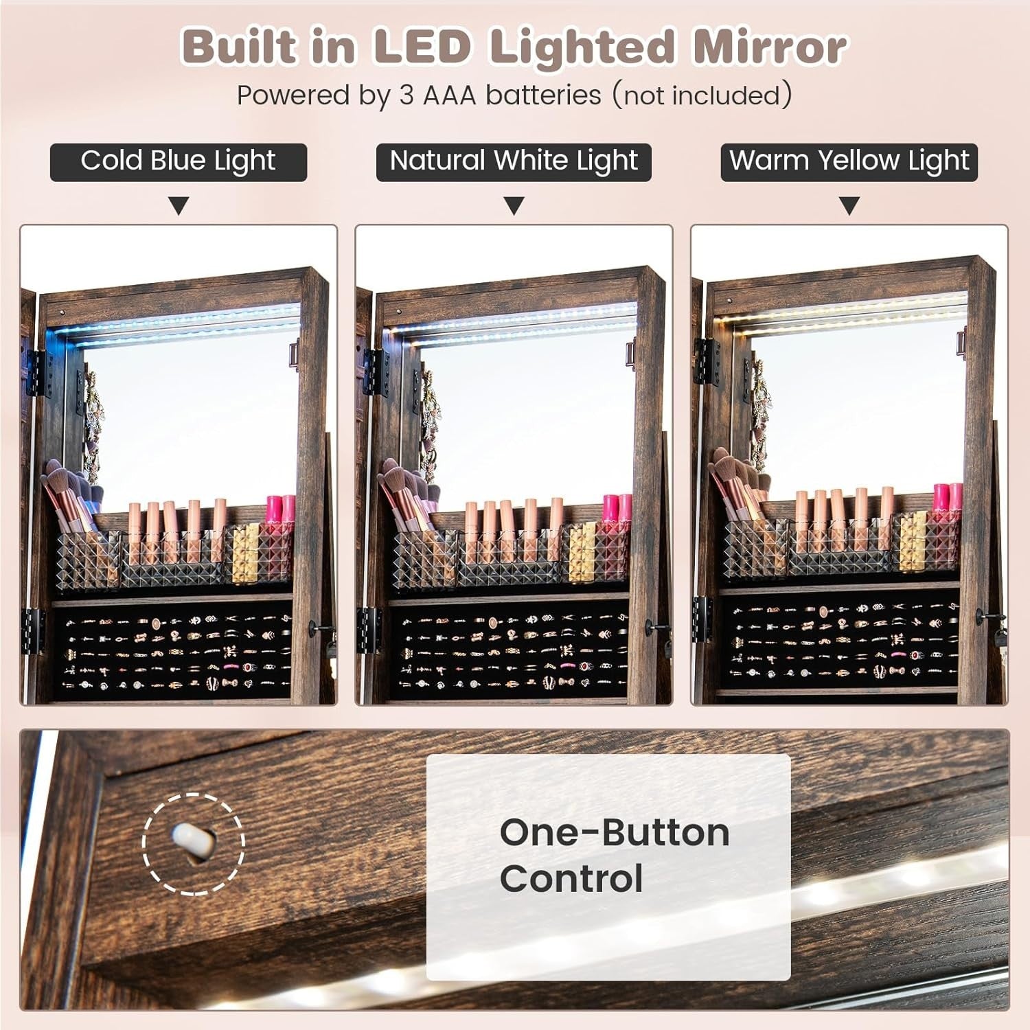 Swivel Jewelry Cabinet with LED Mirror Lockable Storage Wheels Rustic Brown