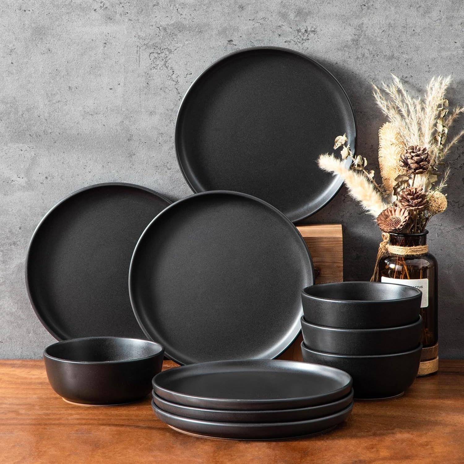 10.25in Ceramic Dinner Plates Set of 6 Black Scratch Resistant Modern