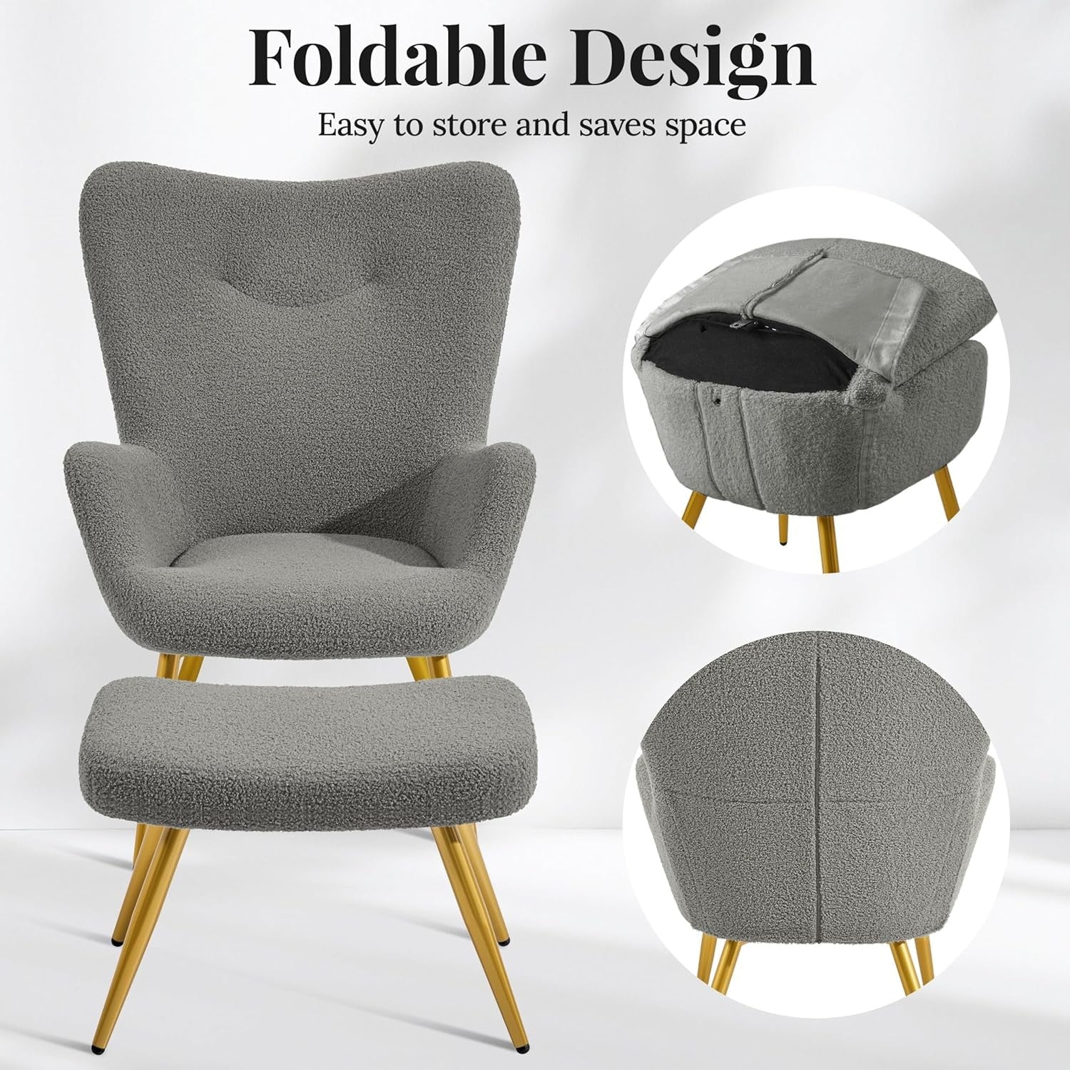 Boucle Armchair with Ottoman Set Sherpa Tub Chair Dark Grey