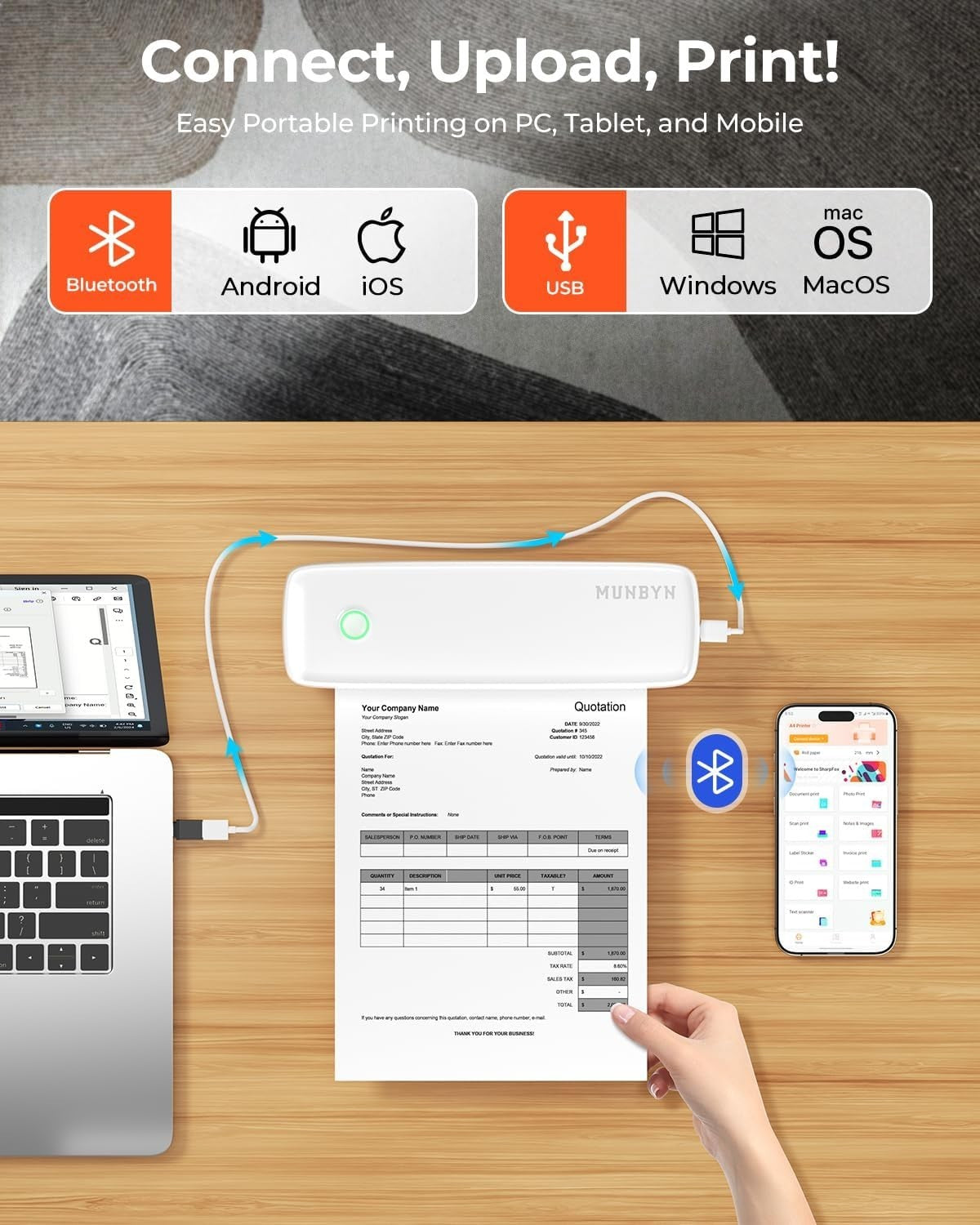 Portable A4 Thermal Printer Inkless Mobile Bluetooth and USB C Printing