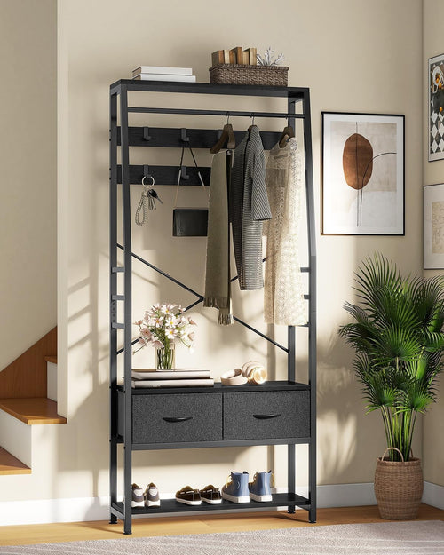 Black Metal Hall Tree Coat Rack | Bench with Shoe Storage & 2 Drawers Organizer