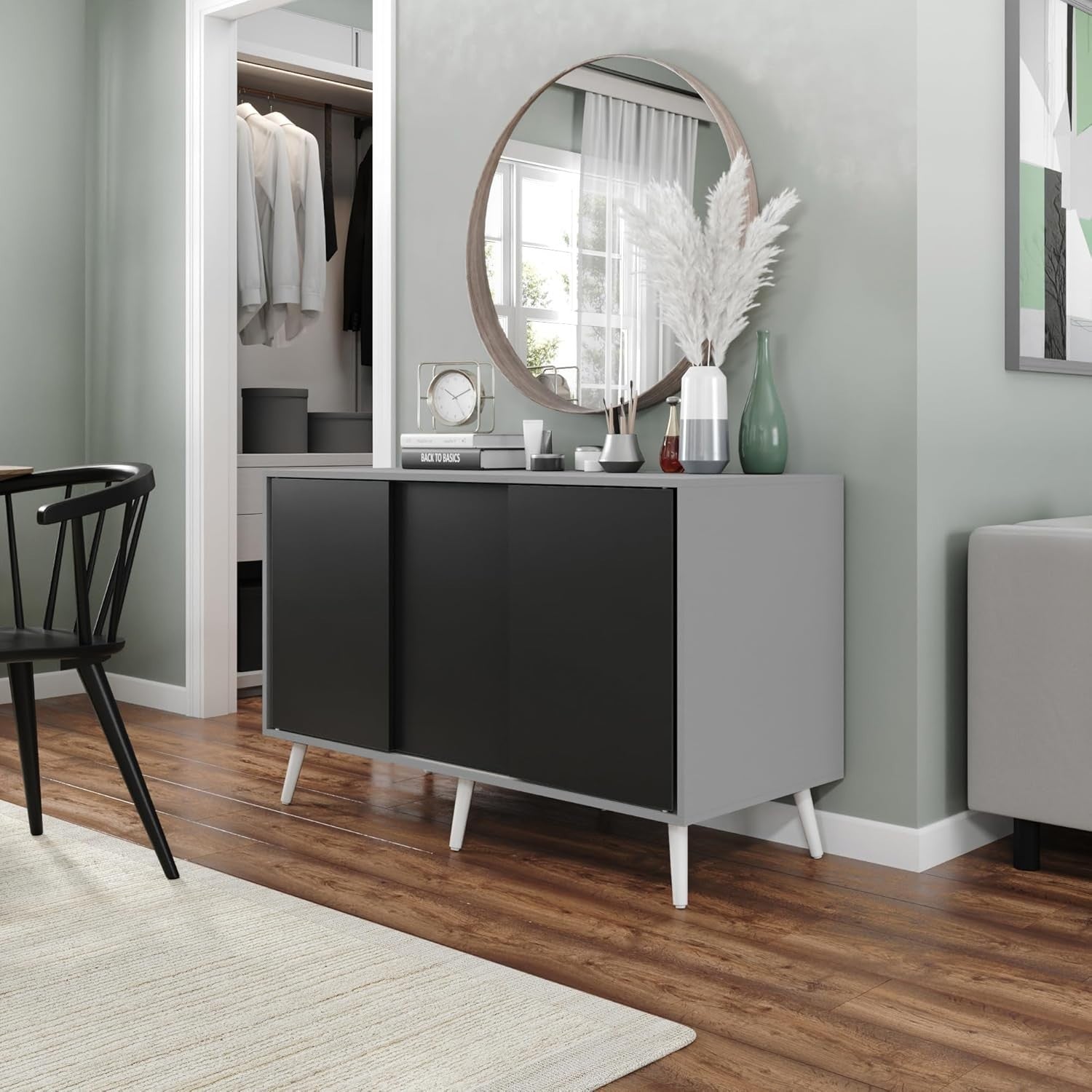 Modern 3-Door Sliding Sideboard Storage Cabinet Grey with White Wooden Legs