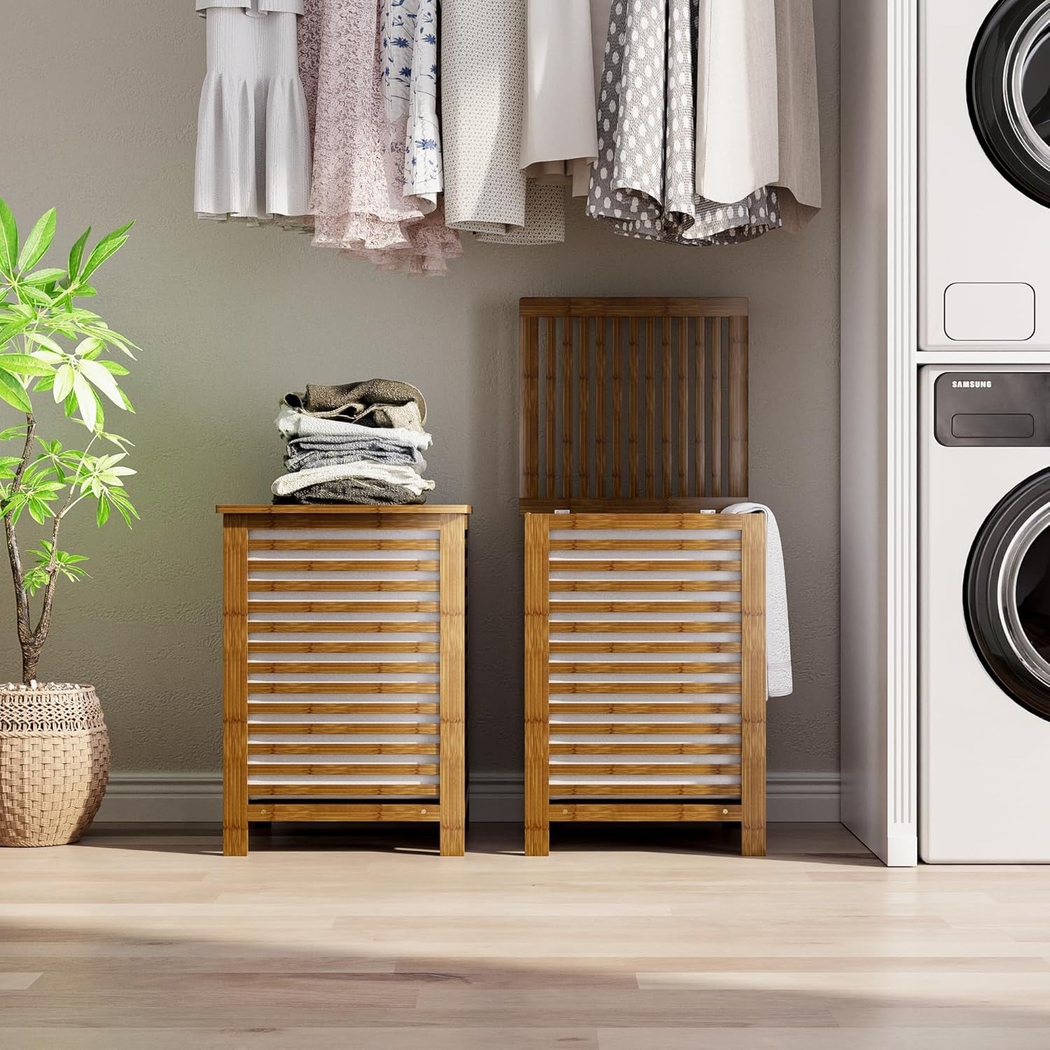 Walnut Bamboo Double Laundry Hamper with Lid 120L 2 Section Basket 47x47x65cm