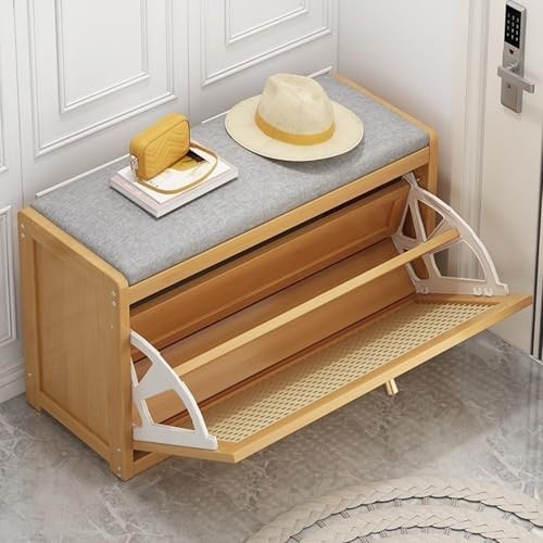 Narrow Shoe Bench 2-Tier Rattan Door Storage Seat Organiser 50cm Entryway