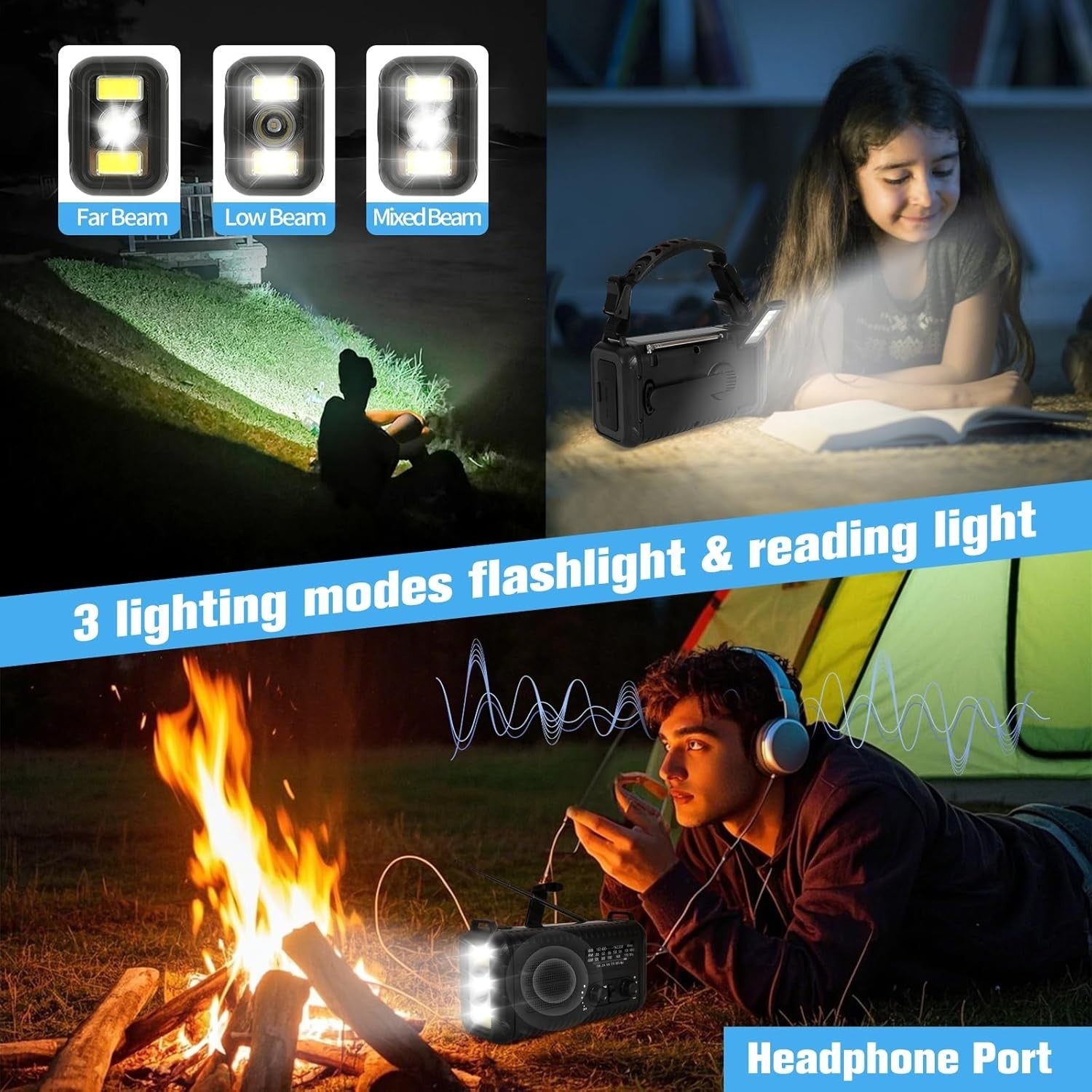 Wind Up Solar Emergency Radio 20000mAh AM/FM NOAA SOS Torch Black