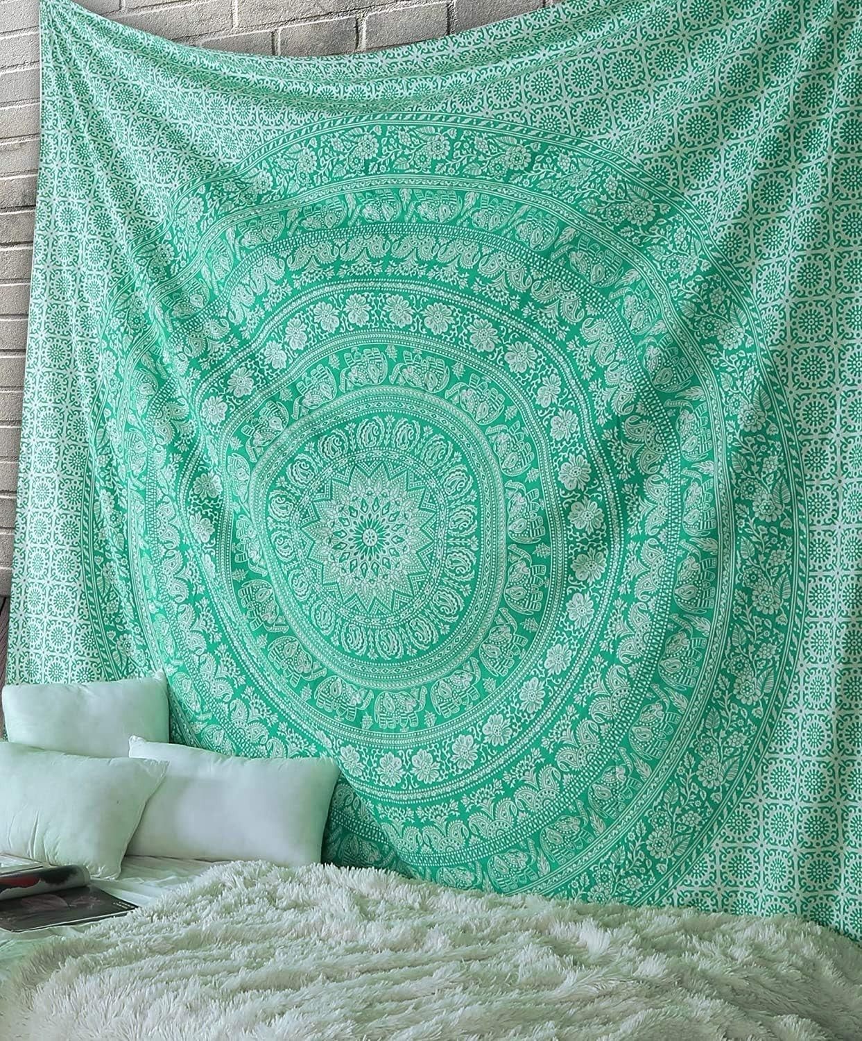 Extra-Large Green Cotton Mandala Elephant Wall Tapestry 90x84