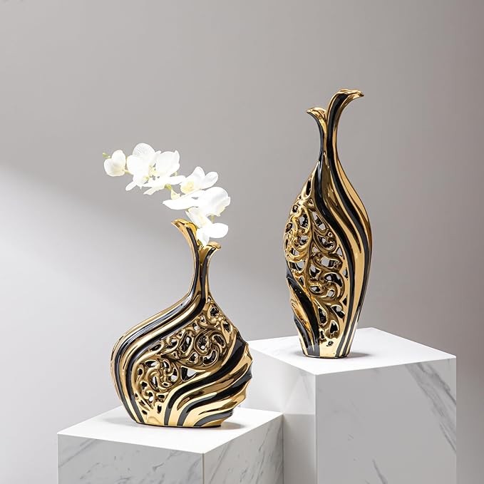 Tall Black Gold Floor Vase 50cm Modern Pampas Grass Luxury Decor