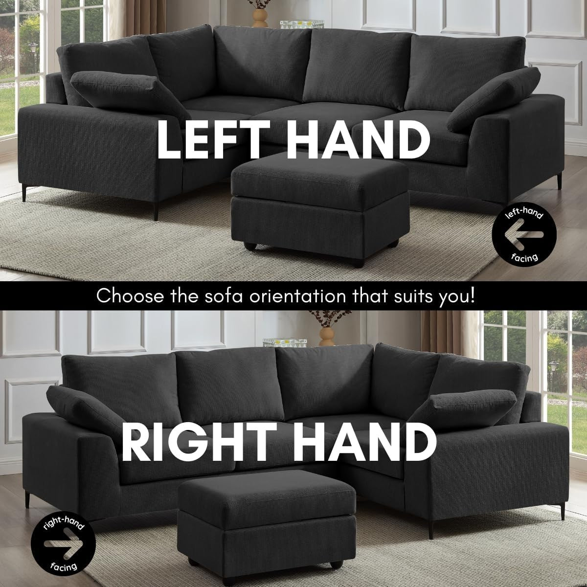 Charcoal Linen Left Hand Corner Sofa 5 Seater L-Shape + Storage Option
