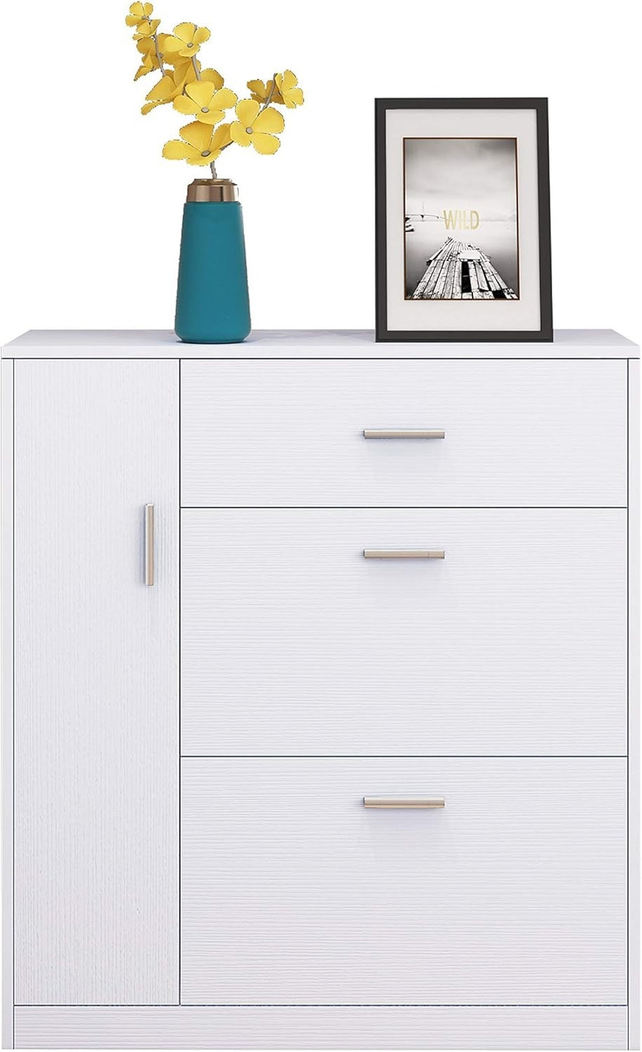 Modern White Shoe Cabinet with Drawer & 18-Pair Pull-Down Storage Rack