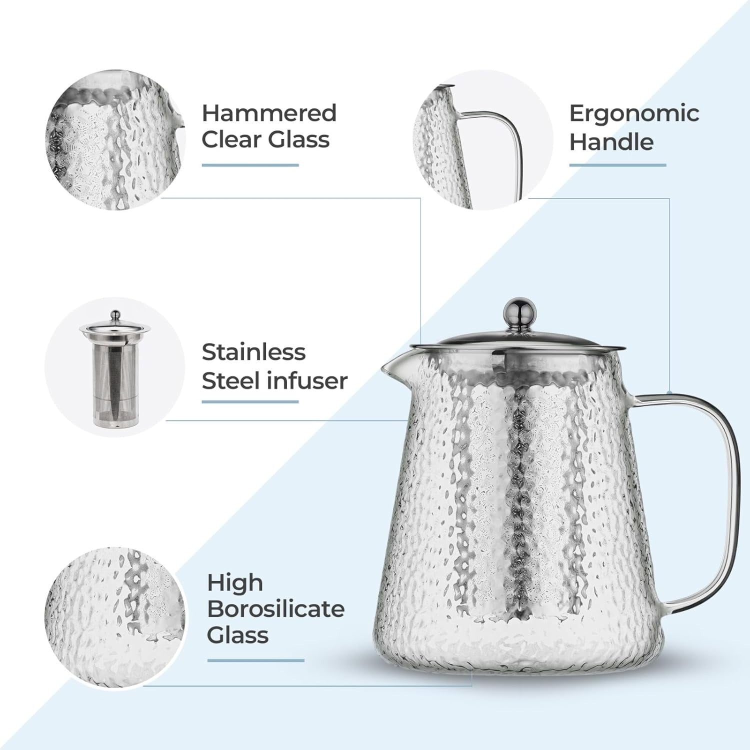 Glass Teapot with Infuser 900ml Loose Leaf Tea Maker 4 Cup Silver