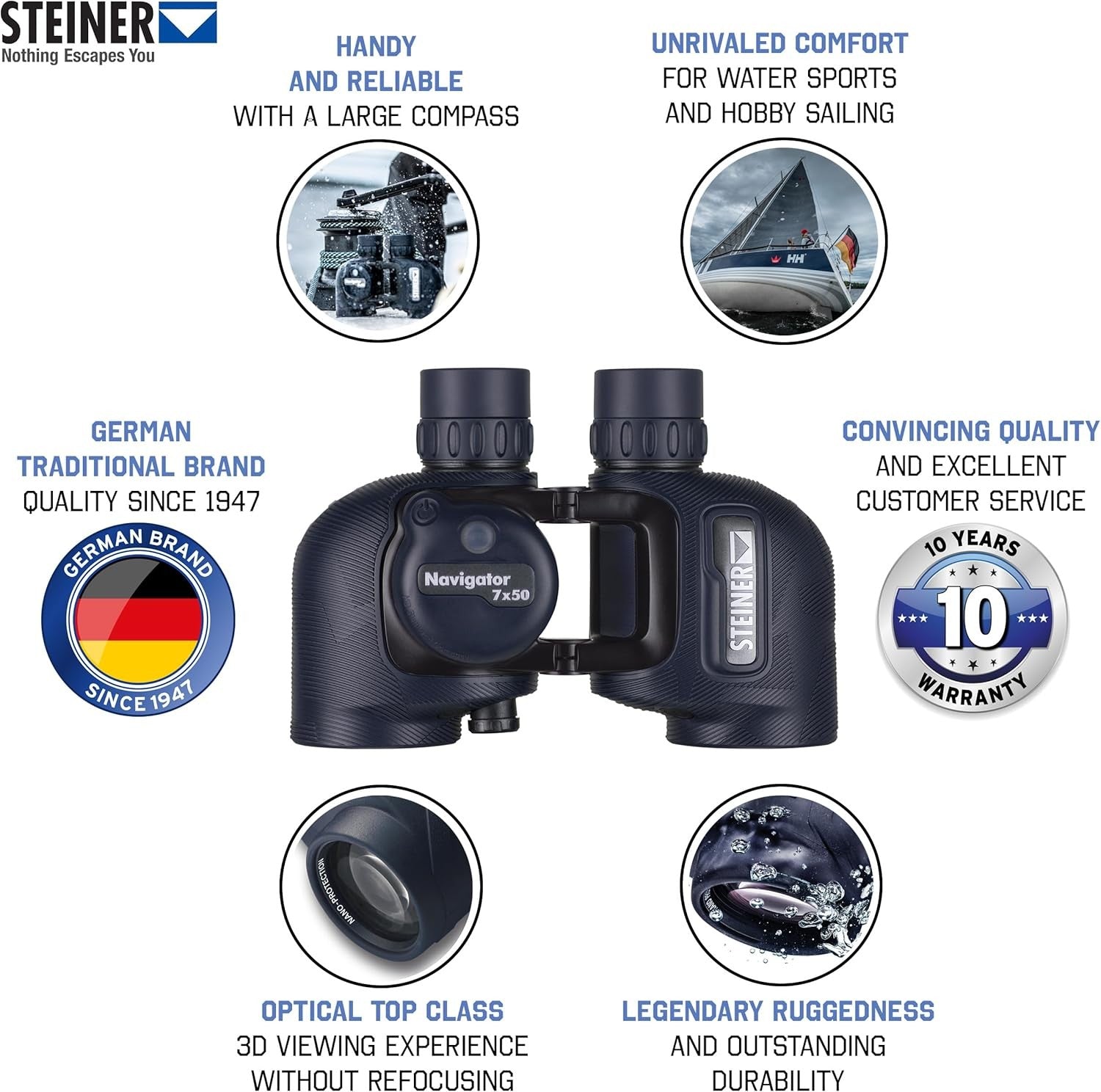 7x50 Marine Binoculars with Compass – HD Waterproof Optics, Wide View, Rugged De