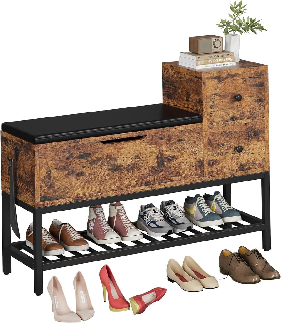 2-Tier Shoe Storage Bench with Drawers & Removable Cushion, Vintage Brown