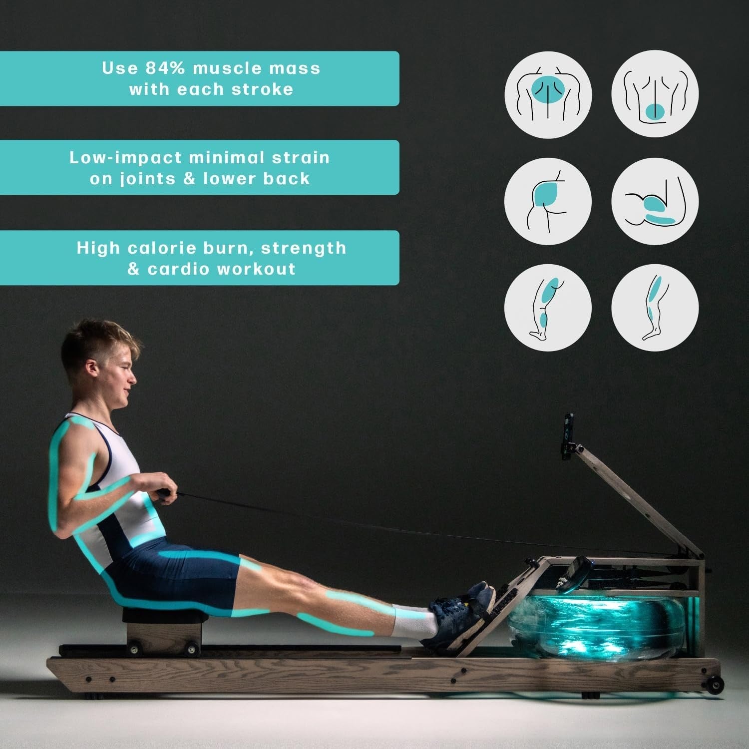 Wood Water Rowing Machine Driftwood Finish Water Resistance Bluetooth Monitor