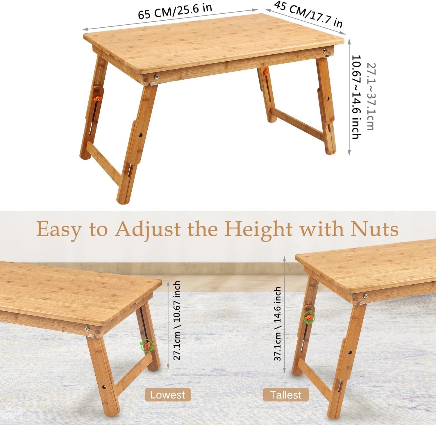 Large Laptop Tray Desk Bamboo Bed Table Foldable Adjustable Breakfast Table