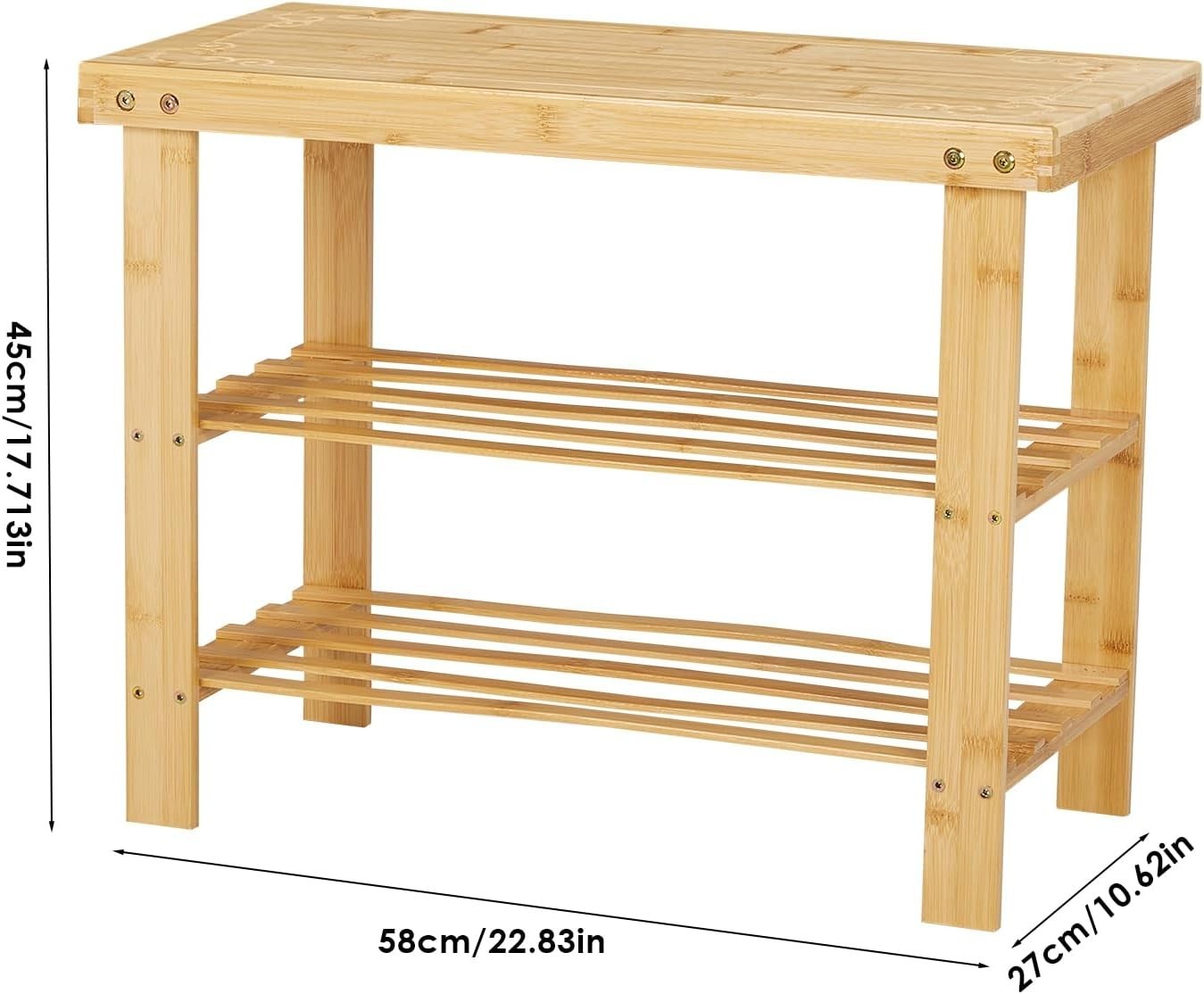 Natural Wooden Shoe Rack Bench 3 Tier Storage Shelf with Seat 58x27x45cm