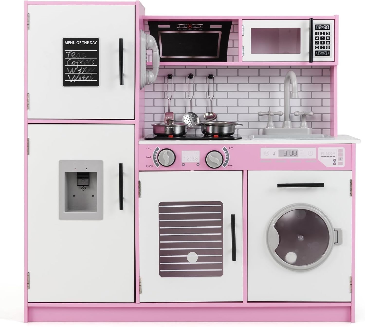 Kids Wooden Play Kitchen Lights Sounds Washing Machine Pink Toy