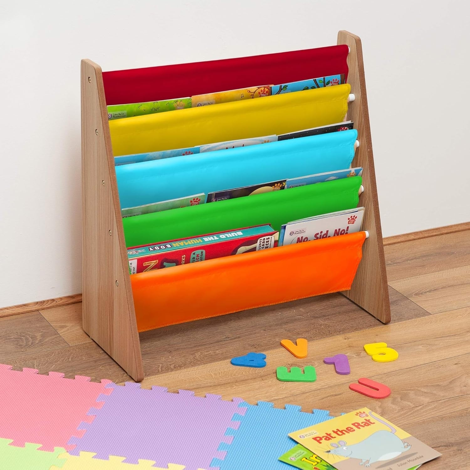 Kids Wooden Sling Book Rack – 4-Tier Colourful Fabric Bookshelf Storage