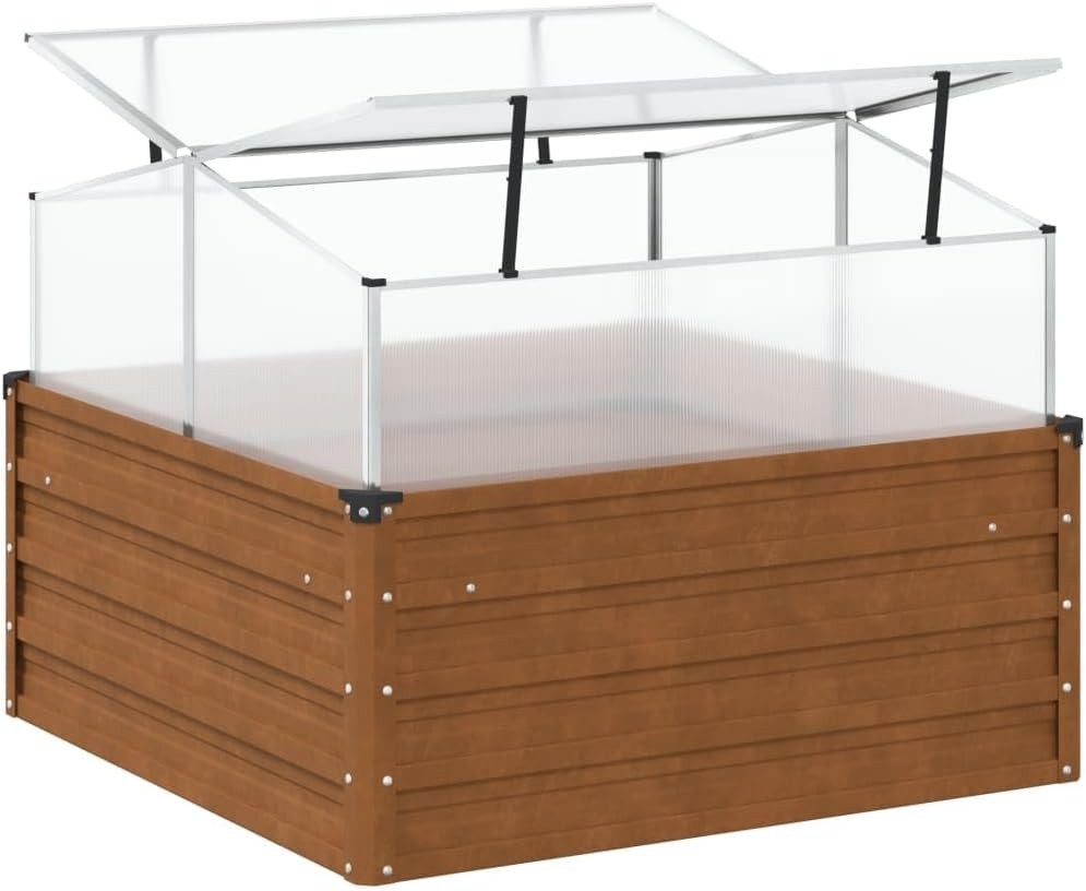 Outdoor Weathering Steel Raised Garden Planter with Greenhouse 100x100x77cm