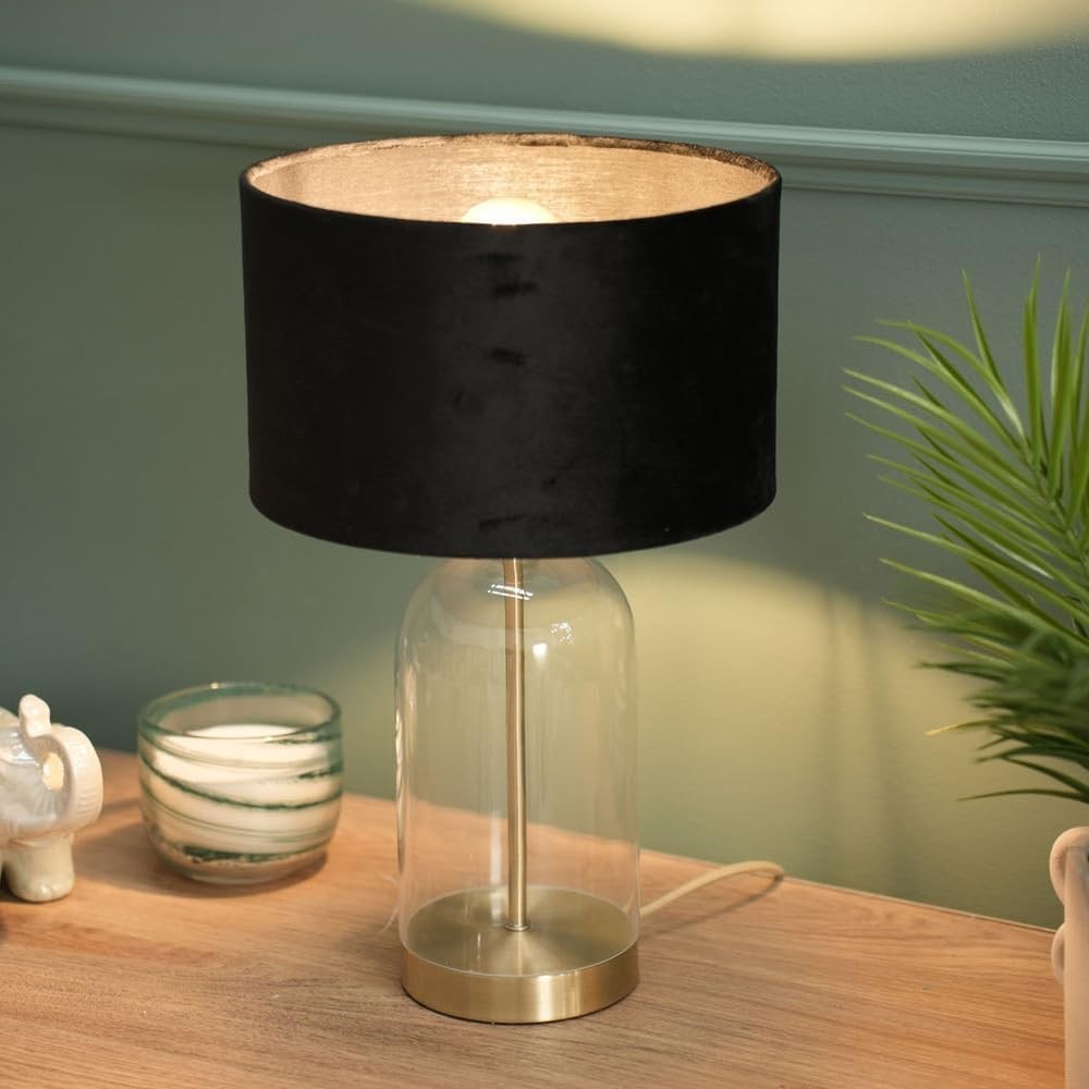 Gold Glass Table Lamp Black Velvet Shade Bedside Desk Light Modern Decor